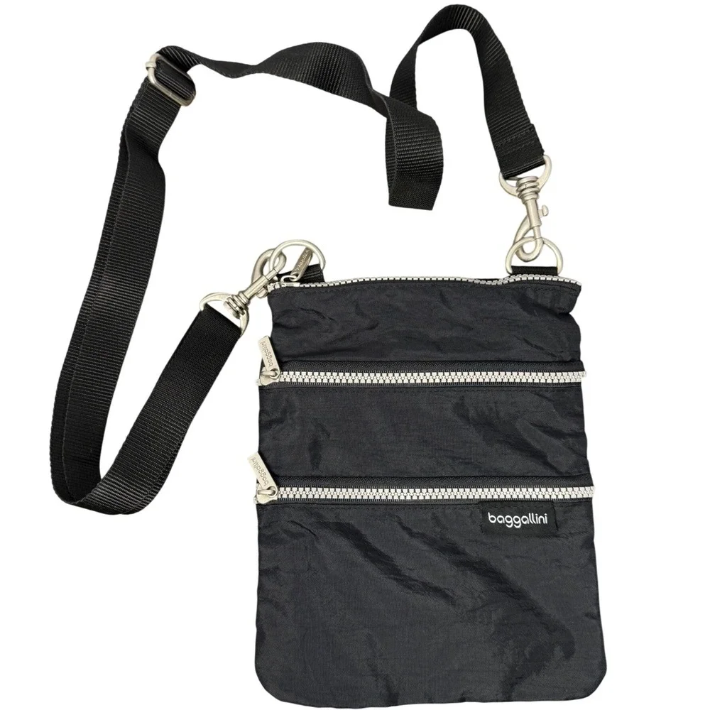 Baggallini‎ Triple Zip Crossbody Bag Black Nylon Travel Organizer